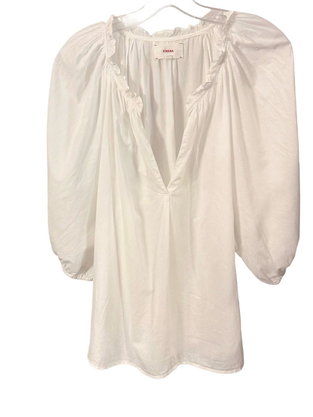 Xirena “Jules” Popover Blouse White Deep V-neck Ruffle Collar Puff Sleeve Sz XL